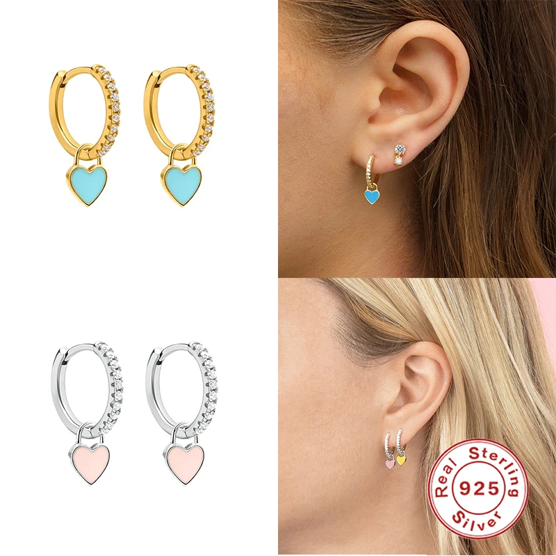 

MC 925 Sterling Silver Earrings Hoops with Enamel Heart Pendants multiple Color Huggie Earring for Women PendientesÂ PlataÂ 925