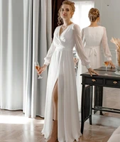 boho wedding dress chiffon cheap 2021 split floor length long sleeve v neck charming robe de mariee with sash bow beach rustic