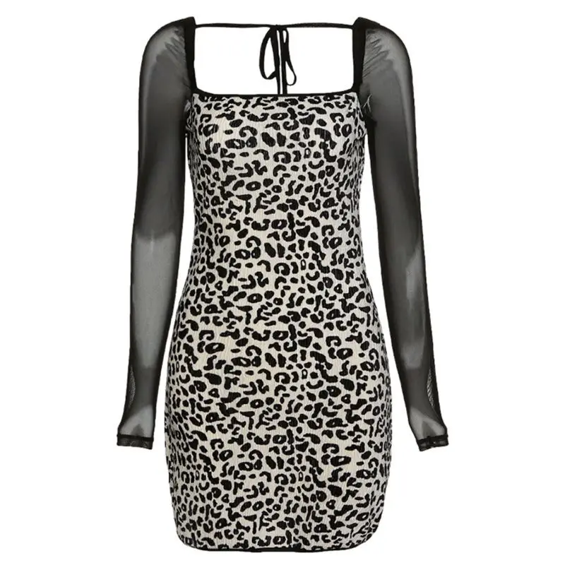 

Women Sexy Mesh Long Sleeve Square Neck Tie Back Leopard Ribbed Bodycon Dress
