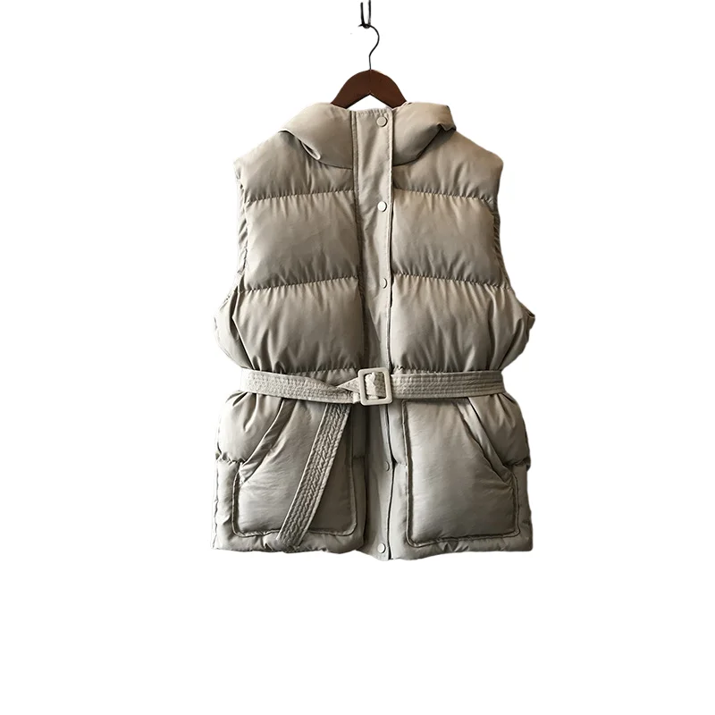 

Cotton Vest Women 2020 Winter New Korean Loose Hooded Warm Waistcoat Female with Belt
