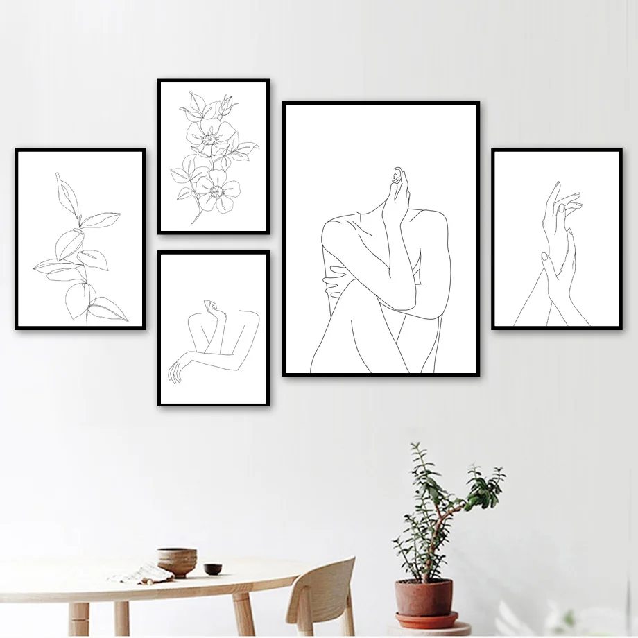

Линия девушка растение цветок ручная стена искусство Принт Холст Картина скандинавский Холст Плакаты и принты настенные картины для декор...