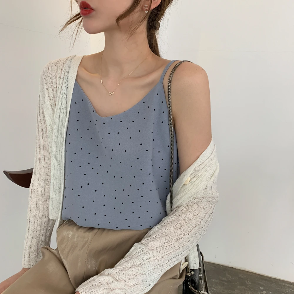 Топ женский шифоновый с V-образным вырезом без рукавов открытой спиной в горошек