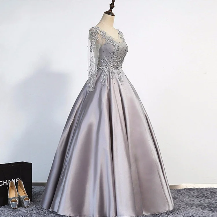 

Silver Satin Prom Dresses Long Sleeves BEeading Sequines Appliques Top Floor Length V-neck Lace-up Evening Dress
