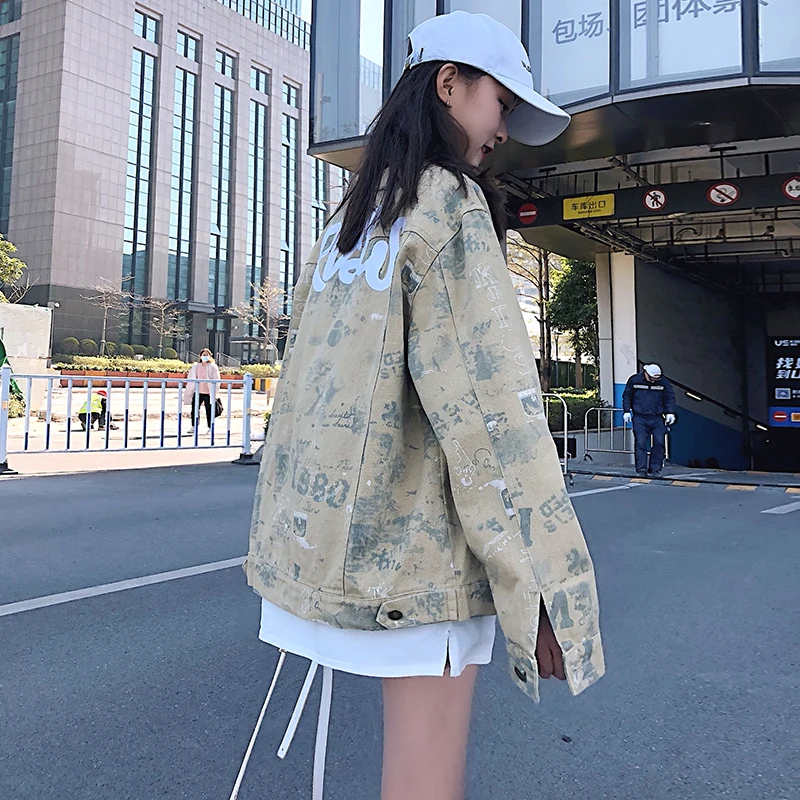 

2021 New Spring Women Jean Clothes Printing Letter Denim Jacket Coat Handsome Loose Casual Female Outwear Single Breasted Khaki