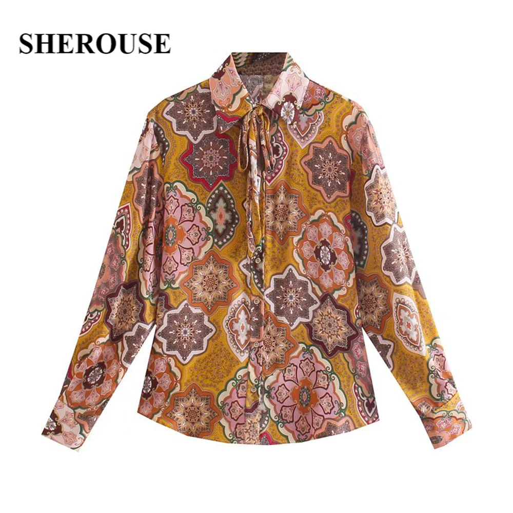 

Sherouse Women Fashion Printed Blouse Lapel Collar with Ties Long Cuff Sleeves Single-breasted Chic Lady Vintage Woman Shirt