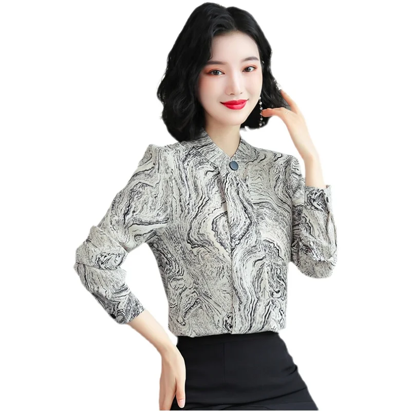

Autumn style stand collr Fashion floral Chiffon Blouse Women Office Lady Long Sleeve Pullover Shirts Women Elegant Female