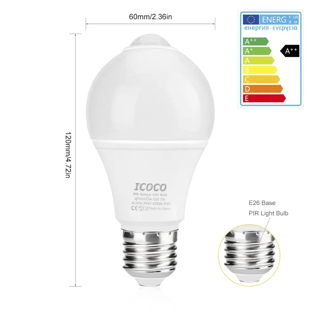 

2pcs 7W PIR Motion Sensor LED Light Bulbs Cold White E26 Infrared Sensor Auto On/Off Night Lights for Garage Corridor Closet