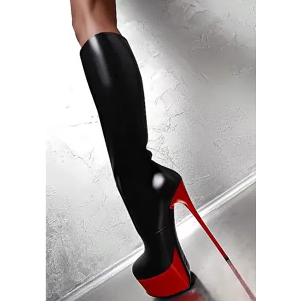 Оригинальное предназначение; пикантные женские сапоги до колена; сапоги с круглым носком на высоком тонком каблуке красного цвета; обувь на Красной платформе черного цвета; женская обувь; большие размеры 4-15