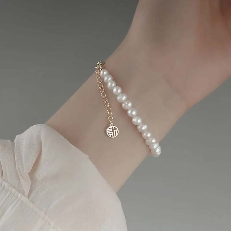 

Natural Freshwater Pearl Bracelet Bangles Sterling 925 Silver Gold Color Chain Bead for Women Jewelry Birthday Gift Girlfriend