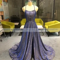 shiny royal blue prom dresses long side split sparkle formal evening dresses for women lace up back maxi gowns for party
