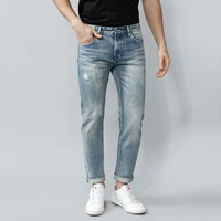 european vintage fashion men jeans high quality retro light blue selvedge designer slim fit ripped jeans men redline denim pants