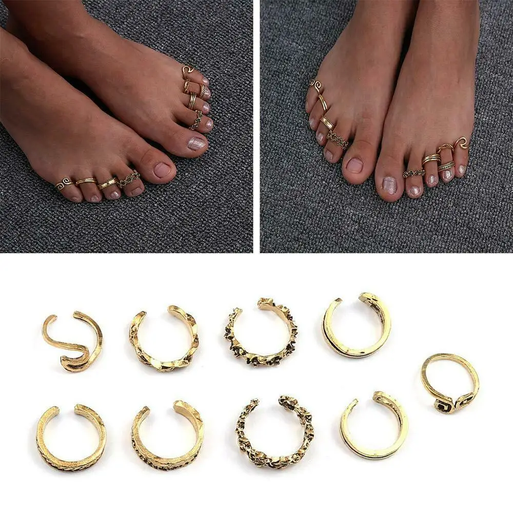 

2021 New 9 Pcs Summer Toe Ring For Women Girl Adjustable Opening Finger Ring Retro Carved Toe Ring Foot Beach Foot Ring Jewelry