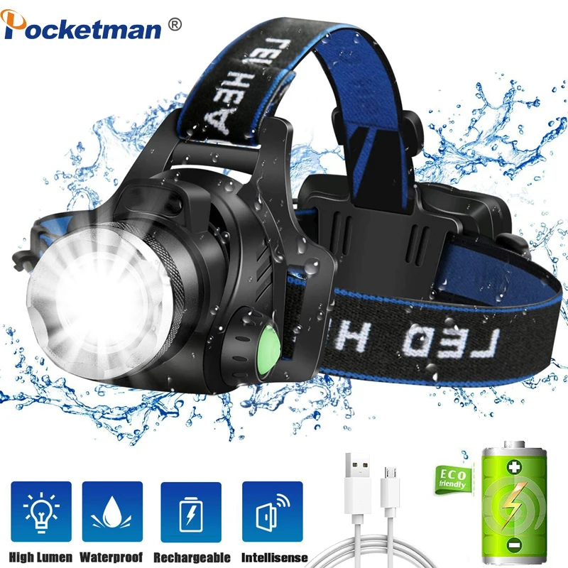 

Pocketman 25000LM Headlamp T6/L2/V6 LED Headlight Zoomable Head Lamp Waterproof Head Torch USB DC Charging Head Light 18650