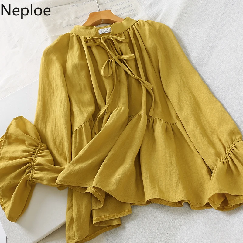Neploe, Ретро стиль, свободная, однотонная, на шнуровке, с бантом, дизайнерская блузка, для женщин, с круглым вырезом, расклешенная, с длинным рукавом, Blusas Mujer, на осень и весну, праздничная, новая рубашка