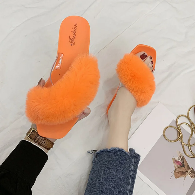 Женские летние модные шлепанцы без шнуровки прозрачные плюшевые домашние