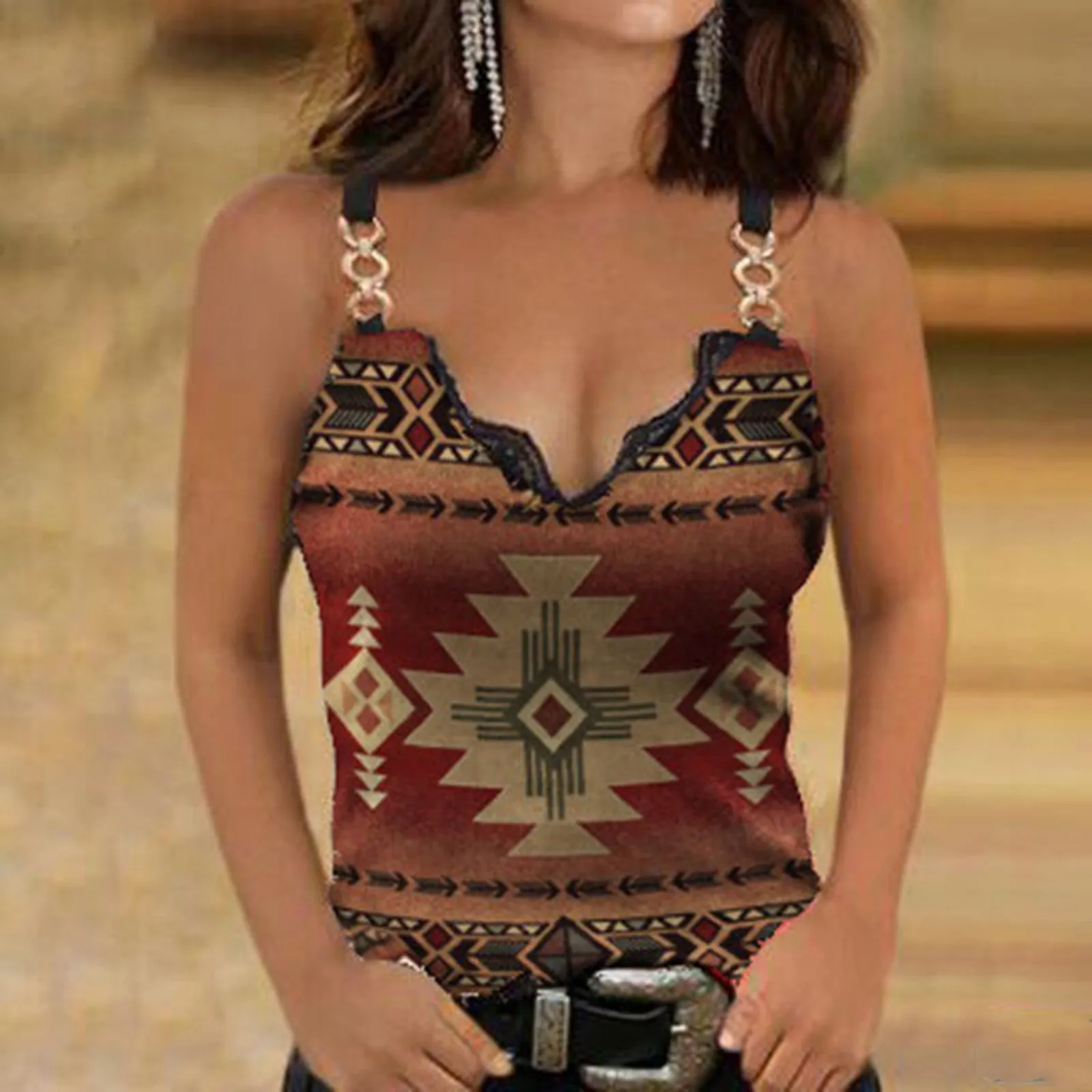 

Топ женский летний с V-образным вырезом, пикантный укороченный топ на бретелях, с цепочкой и пряжкой, с принтом в ретро стиле, без рукавов