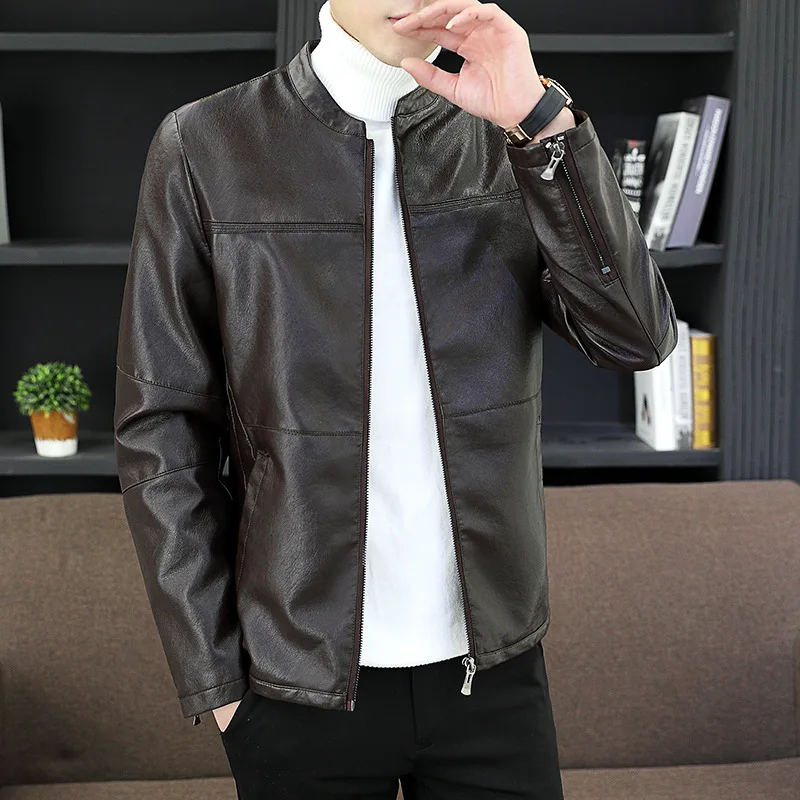 

2020 Men's New Trend Fall Slim Fit Leather Jacket Youth Stand Collar Pu Slim Casual Leather Clothing