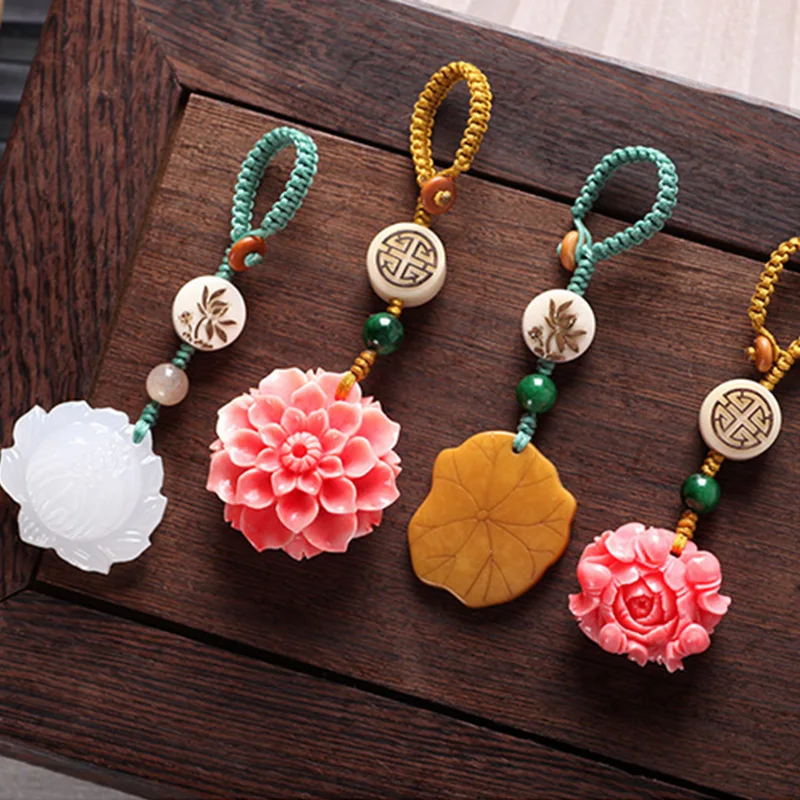 Ethnic Natural Bodhi Lotus Peony Flower Keychain Classical Handmade Stone Beads Braid Rope Key Chain For Women Jewelry Gift