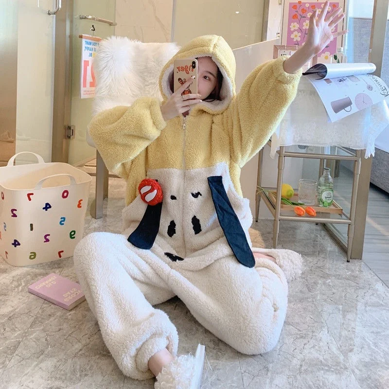 Pajamas Female Autumn and Winter Cute Cartoon Hooded Coral Velvet Thickened Flannel Warm Home Clothes Can Be Worn Outside Pajama
