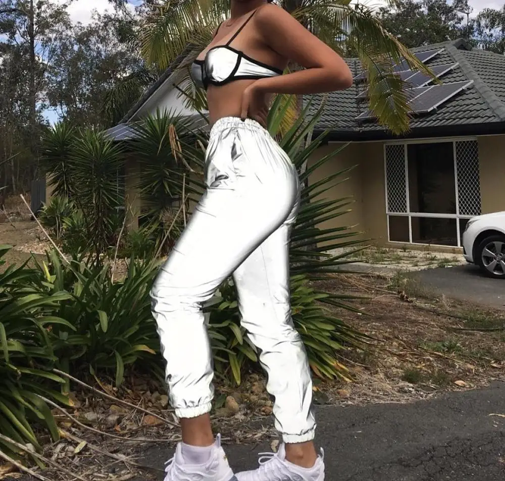 

New flash Reflective Jogger Pants Women Fashion Kawaii Pants Casual Gray Solid Streetwear trousers fashion clothes loose Casual