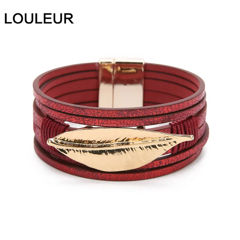 LOULEUR, красный сплав, листья, многослойный кожаный браслет для женщин, Ретро стиль, богемное очарование, широкие браслеты и браслеты, ювелирное изделие, подарок