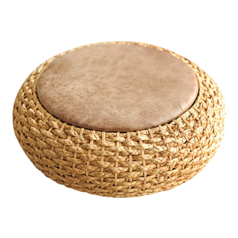 

Modern Knitted Round Pouf Ottoman Stool W/PU Leather Seat Pad Floor Yoga Meditation Cushion Straw Rusitc Tatami Pouf Furniture