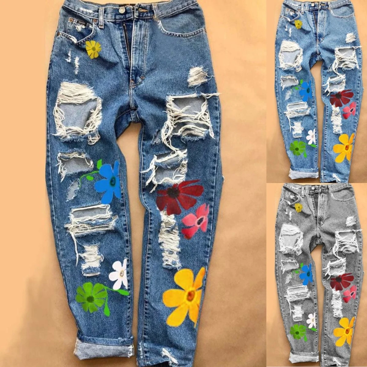 Women Ripped Jeans High Waist Floral Print Trousers with Pockets Casual Style Bottoms