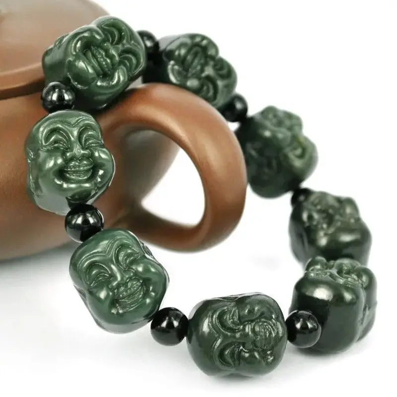 

Hetian Jadeite Beaded Bracelet Natural Chinese Buddha Head Bangle Charm Jewelry