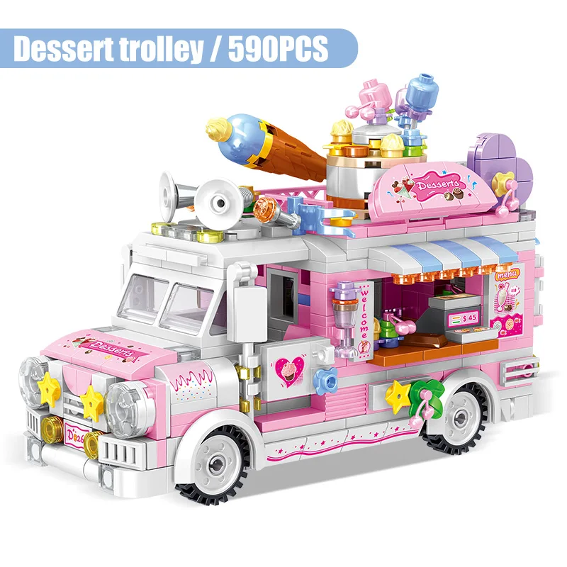 New MIni Movable Food Trucks Fruit Dessert Ice Cream Cake Sushi Burger Cars Building Blocks Stitchin Toys Girl Birthday For | Игрушки и