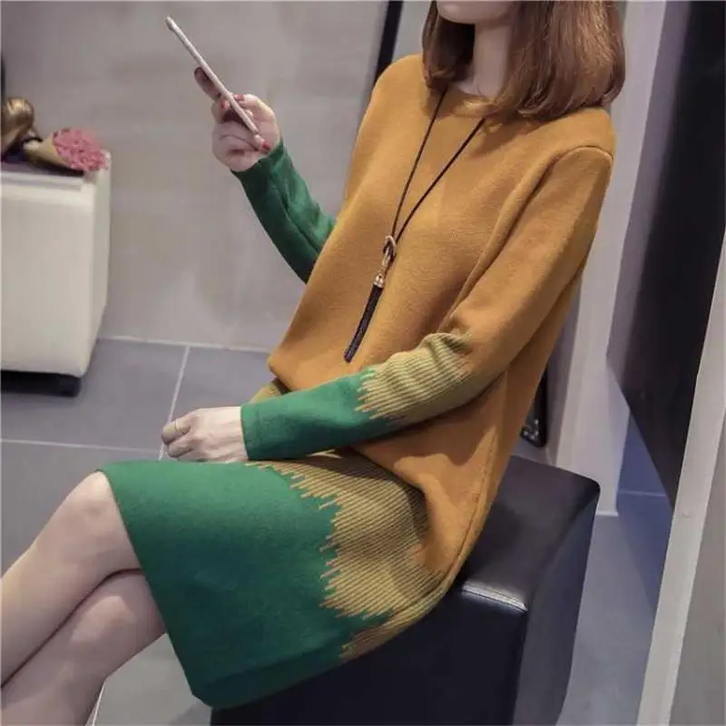 

2019 New Autumn Winter Woman Korean Elegant Patchwork Knit Pullovers Sweater Dress Female Casual Knitwear Pull Femme Jumper X72