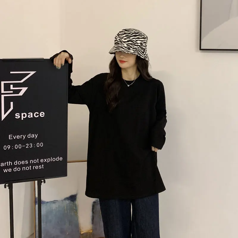 

Mid-length Slit Inner Bottoming Shirt Spring and Autumn and Winter Top 2021 New Style Plus Velvet Thick Warm Long Sleeves Shirt