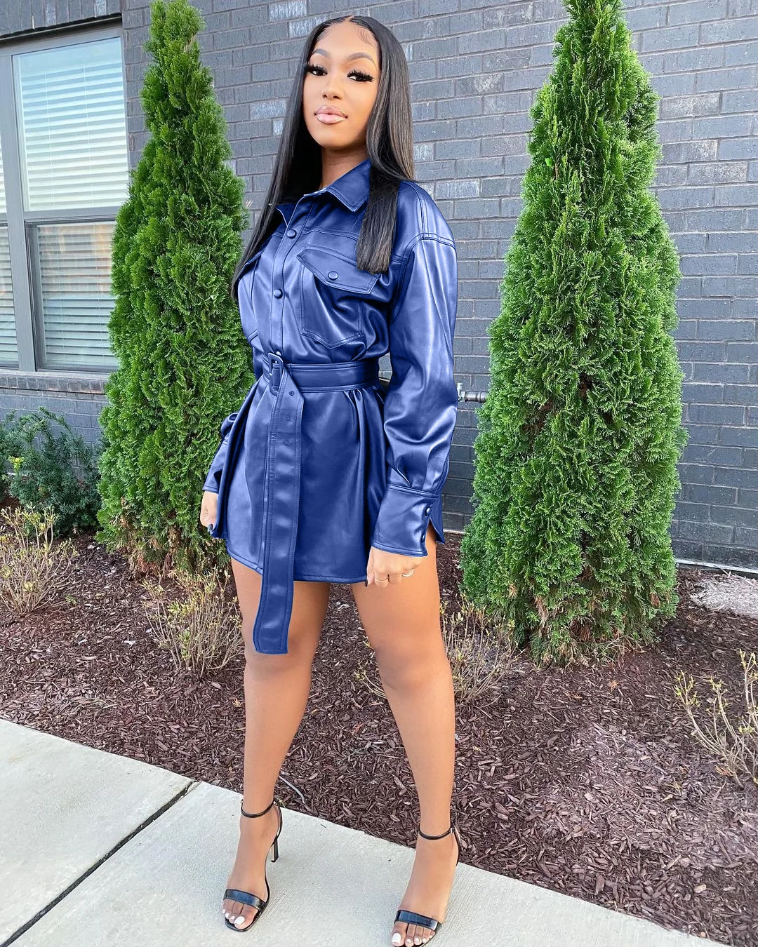 

Pu Leather Blouse Shirt Jacket Long Sleeve Buckle Belted High Waist Winter Warm Coat