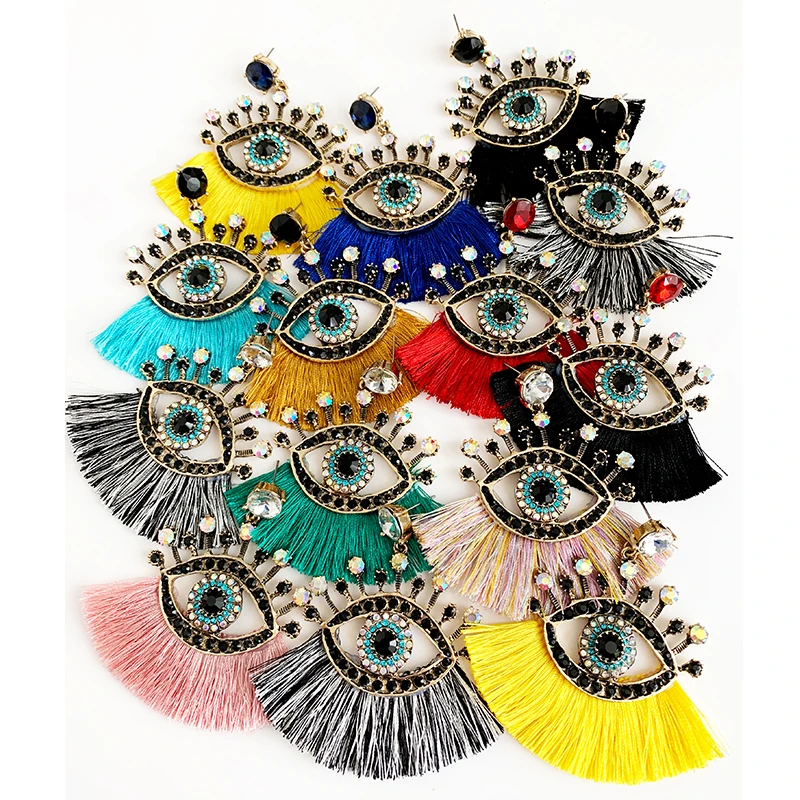 Висячие серьги с кристаллами винтажные цветные массивные кисточками модные