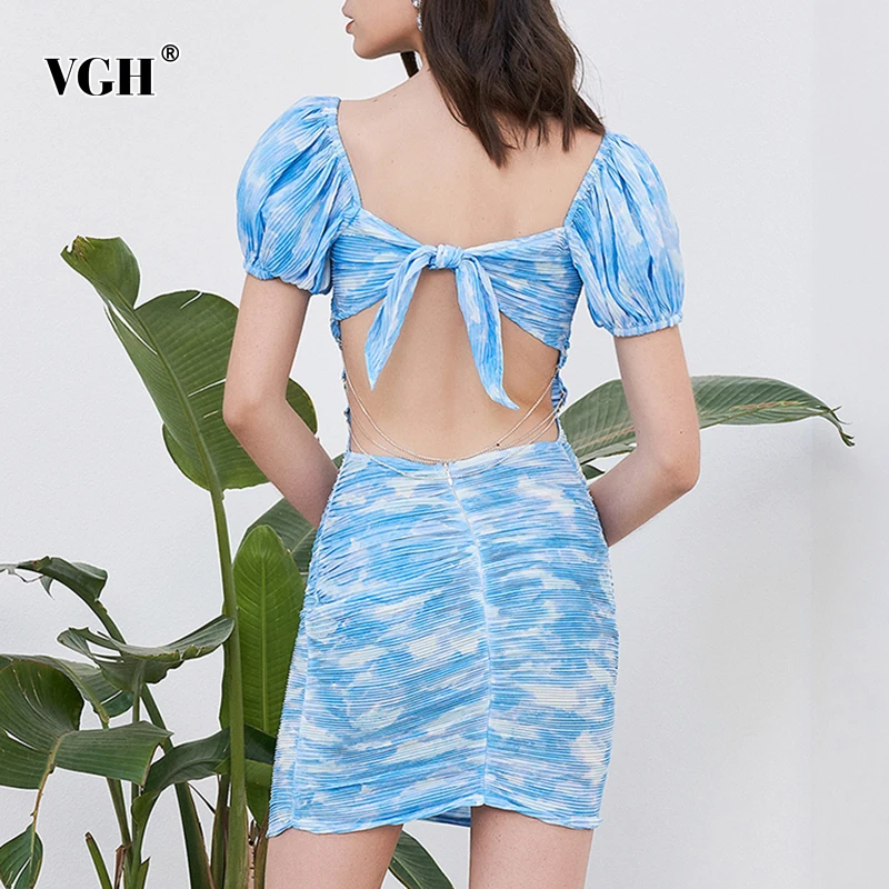 

VGH Sexy Hollow Out Dress For Women Square Collar Puff Short Sleeve High Waist Ruched Slim Bodycon Mini Dresses Females 2021 New
