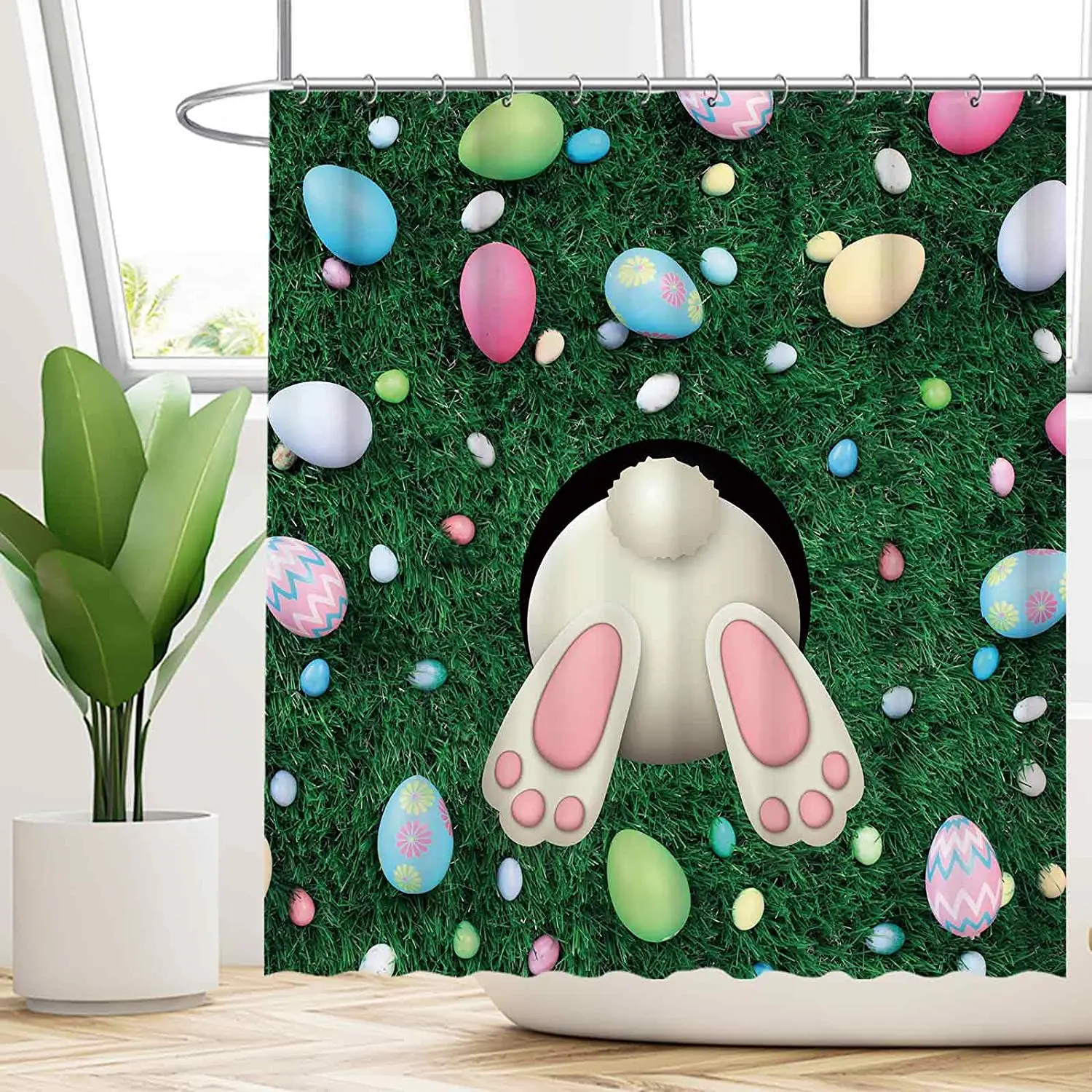 

Funny Tree Spring Happy Easter Rabbit Shower Curtain Colorful Eggs Bunny Green Grass Scenery Bathroom Decor Easy Care Waterproof