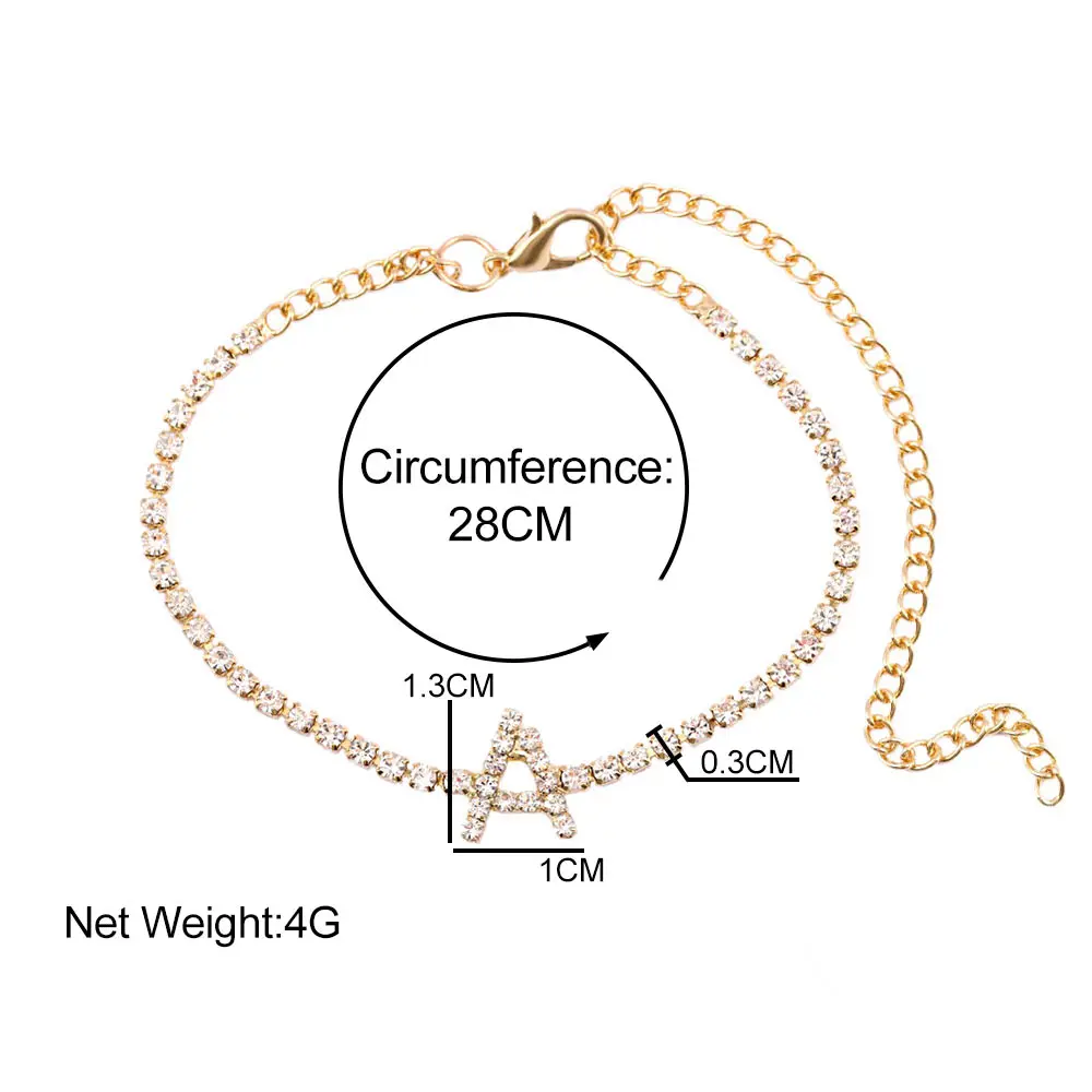 

Boho Gold Color 26 Initial Letter Tennis Chain Anklet For Women A-Z Alphabet Crystal Anklets Bracelet Summer Beach Foot Jewelry
