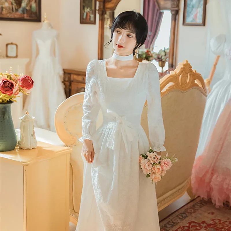 

Dresses for women 2021 White Dress Jacquard Square Neck Elegant Autumn Dress Women Bowknot Chic High Waist Fashion Retro Dresses