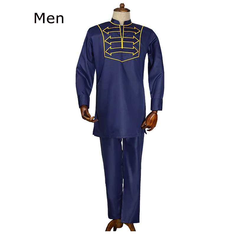 men dark blue H& D/мужская одежда в африканском стиле для мальчиков футболка с длинным рукавом, штаны, костюм для мужчин, папы и сына, одежда с вышивкой Дашики вечерние наряды - Цвет: men dark blue