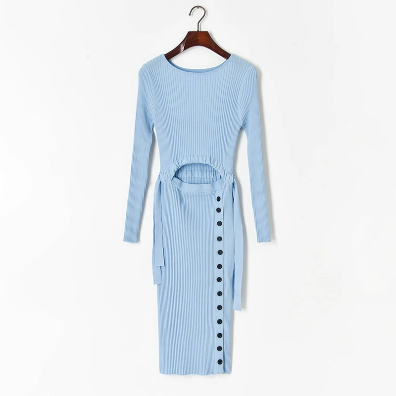 

VGH Blue Hollow Out Dress For Women O Neck Long Sleeve High Waist Knitted Drawstring Slim Midi Dresses Female New Summer Fashion