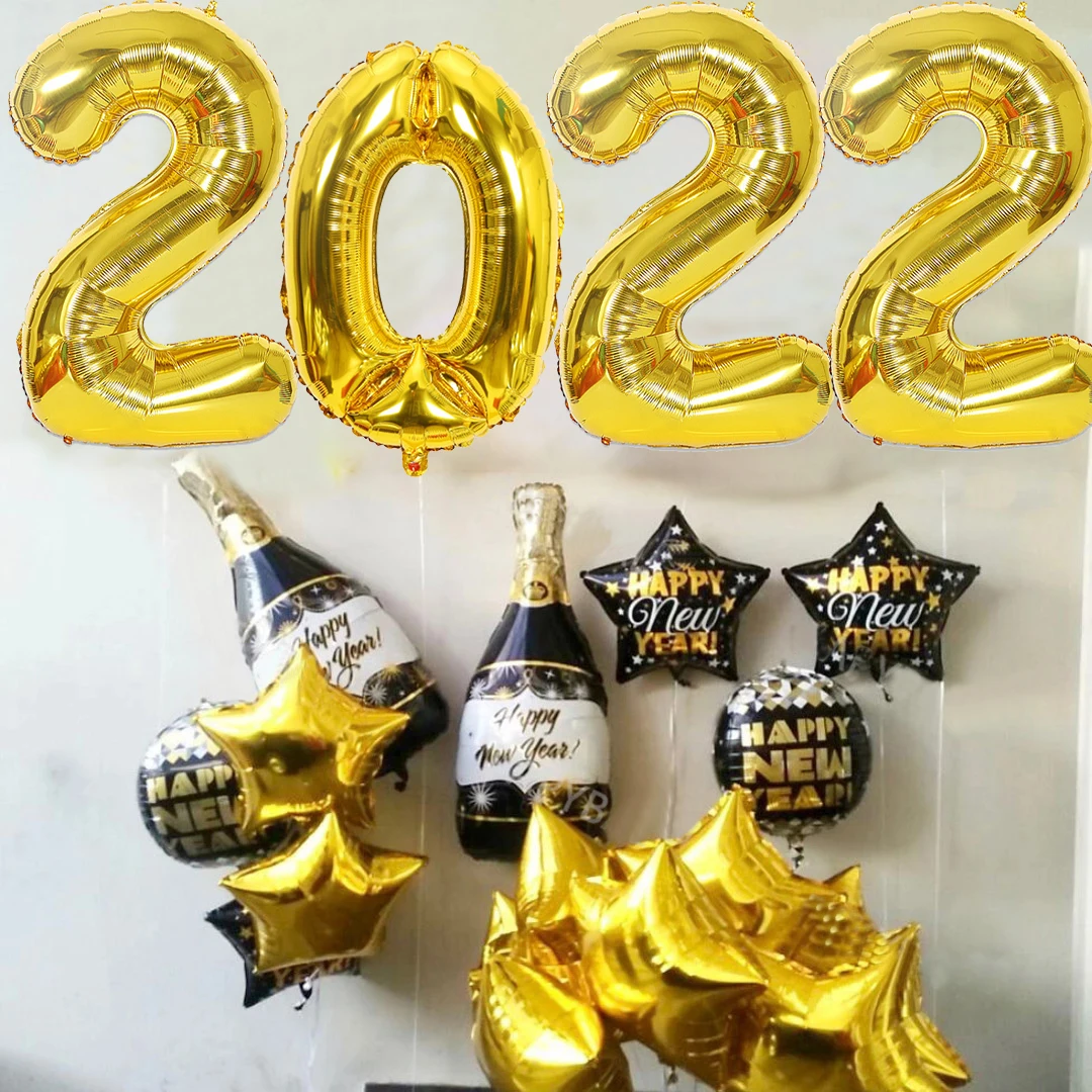 

Набор новогодних фольгированных воздушных шаров, 21 шт., 2022 бутылок, звезды, круглые шары, товары для украшения на Рождество, Новый Год, праздн...
