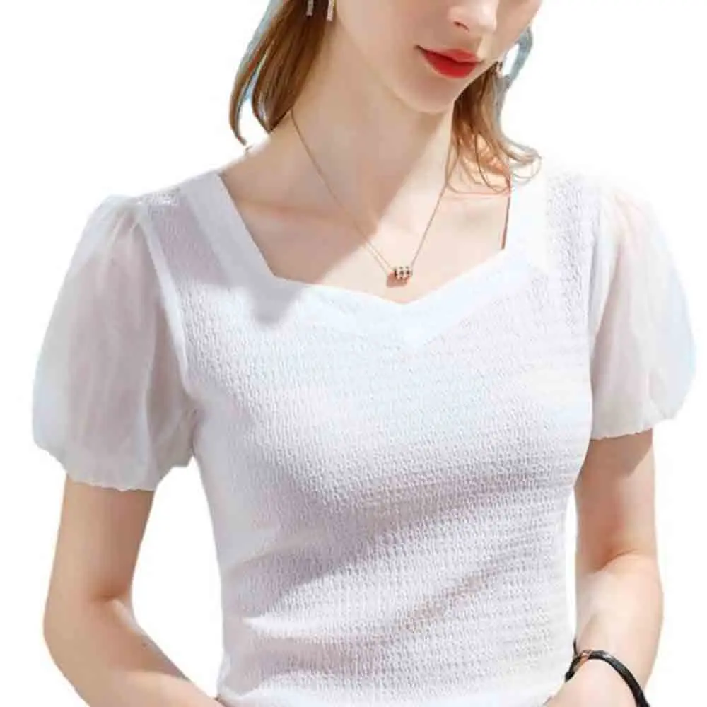 

Cultiseed Women Sweet Vintage Square Collar Mesh Puff Sleeve Patchwork Pleated Chiffon T-Shirts Tops Ladies New Casual Tees