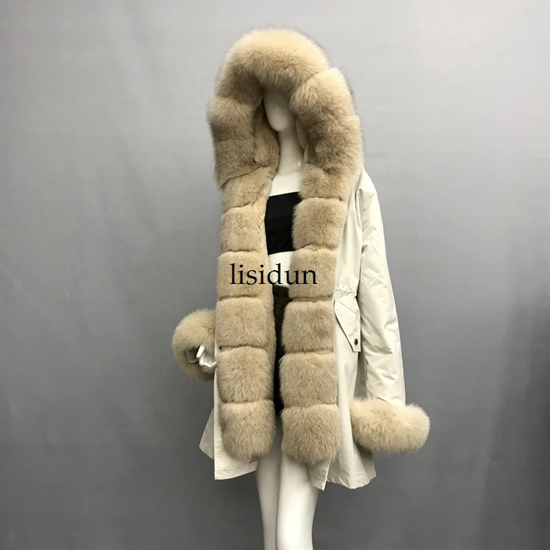 

2019 natural fox fur coat Silver Fox collar plus size long winter Jacket Rex rabbit liner red fox hooded thick warm parks Disass
