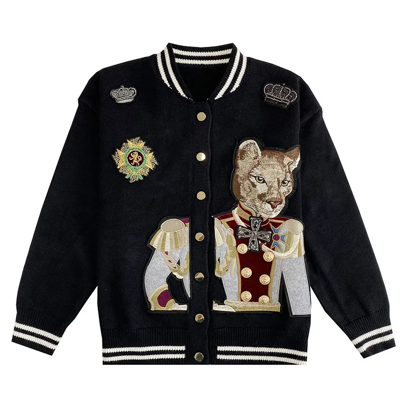 

European Fashion Retro Cartoon Applique Tide Black Sweater Knitted Cardigan Female Jacket Christmas Women Winter New Clothing