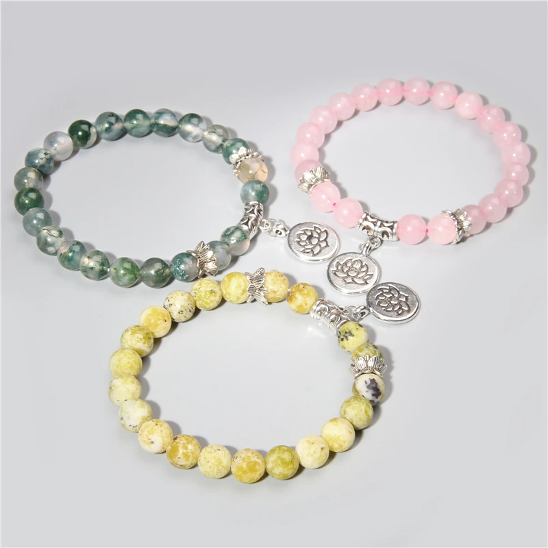 Женский натуральный голубой камень браслет из бисера серебряный в виде лотоса