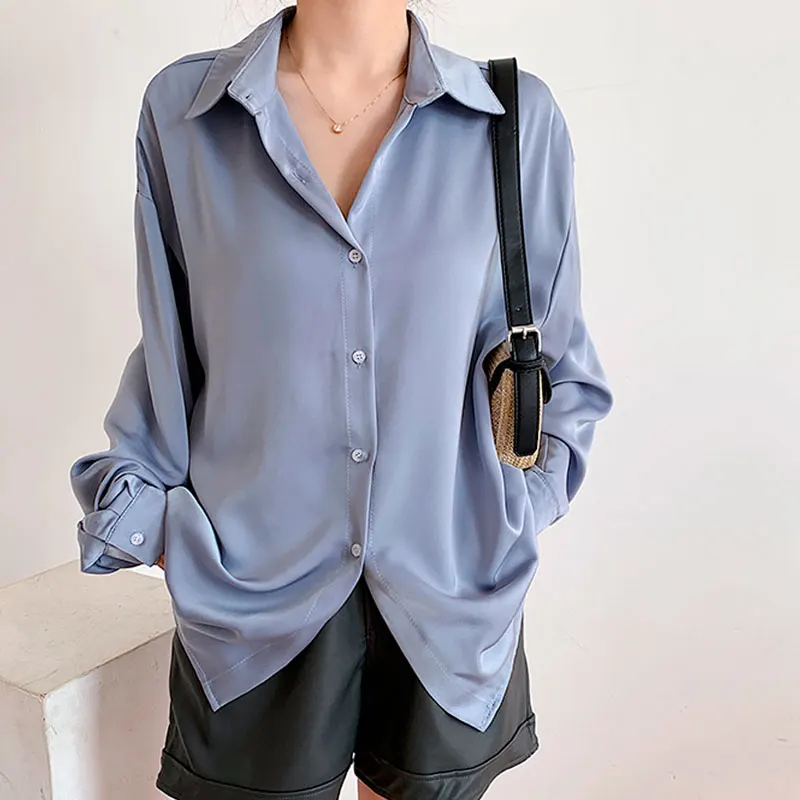 

DIMANAF 2021 Plus Women Blouse Shirts Solid Silk Summer Style Cardigan Loose Casual Fashion Basic Style Long Sleeve White Shirts