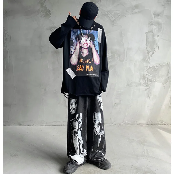 

Autumn winter high street sweatshirt male loose retro hip-hop popular logo long sleeve T shirt men and women Korean edition tren