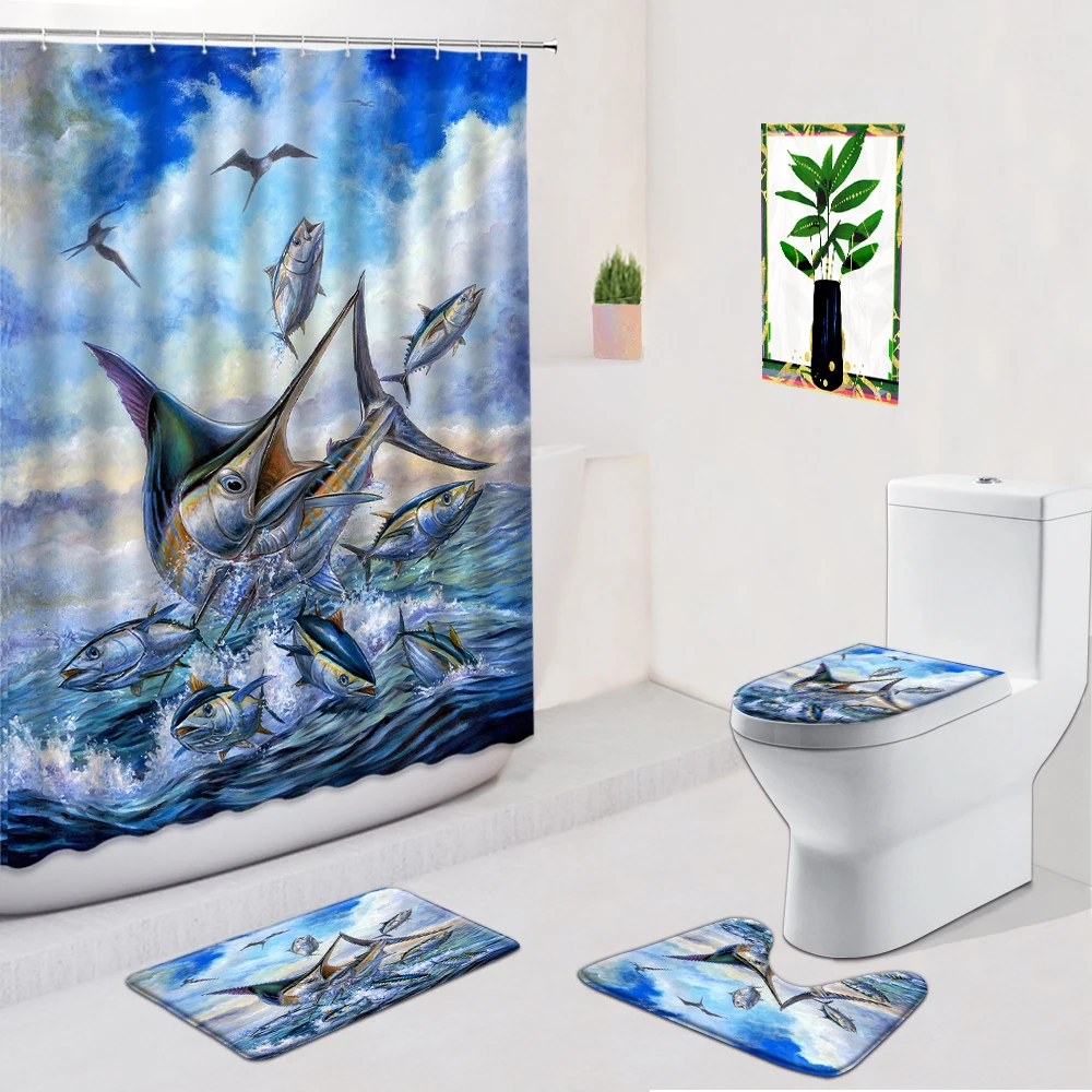 

3D Dolphin Bathroom 4Pcs Set Coral Ocean Animal Fish Turtle Shower Curtains Bathtub Decor Non-Slip Flannel Rug Toilet Cover Mat