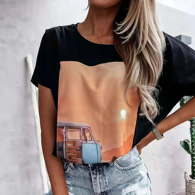 

Women Elegant O-Neck Short Sleeve Tops Pullovers 2021 Summer Vintage Printed Blouse Shirts Female Casual Loose Streetwears Blusa