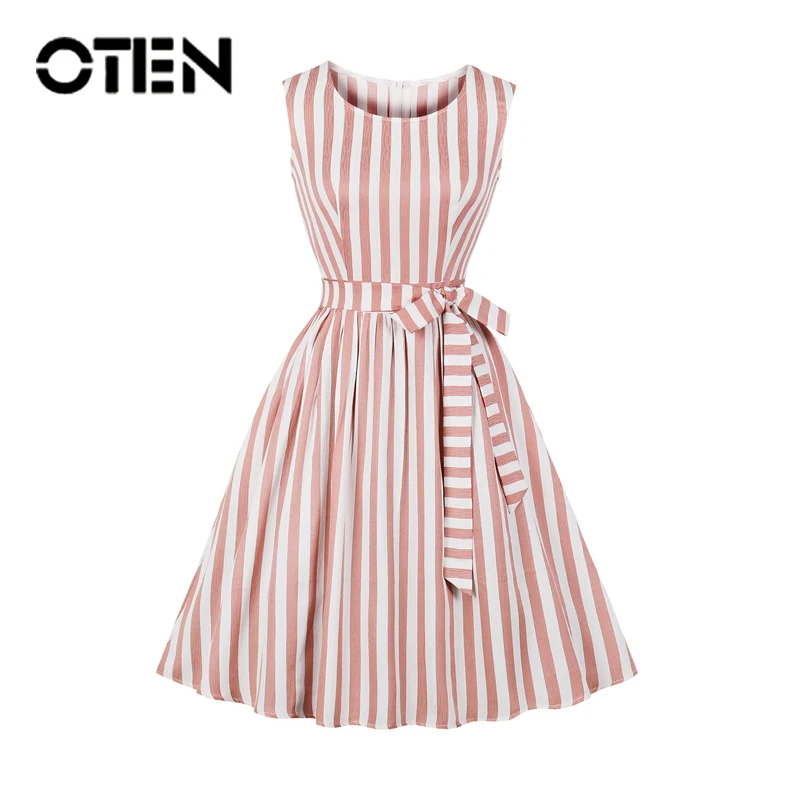 OTEN NEW Summer dresses large sizes Women Sexy Sleeveless O Neck Pink White Stripes Backless Rockabilly Pin up Knee Length dress | Женская