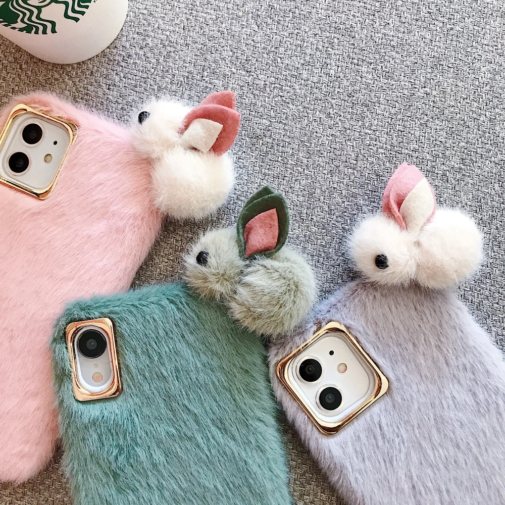 Зимний меховой чехол для телефона iPhone 11 Pro Max Rabbit 3D с сердцем X Xr Xs девочки 6s 8 7 Plus